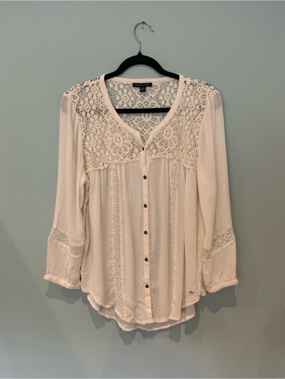 American Eagle Outfitters Cream Lace Yoke Button-Down Top